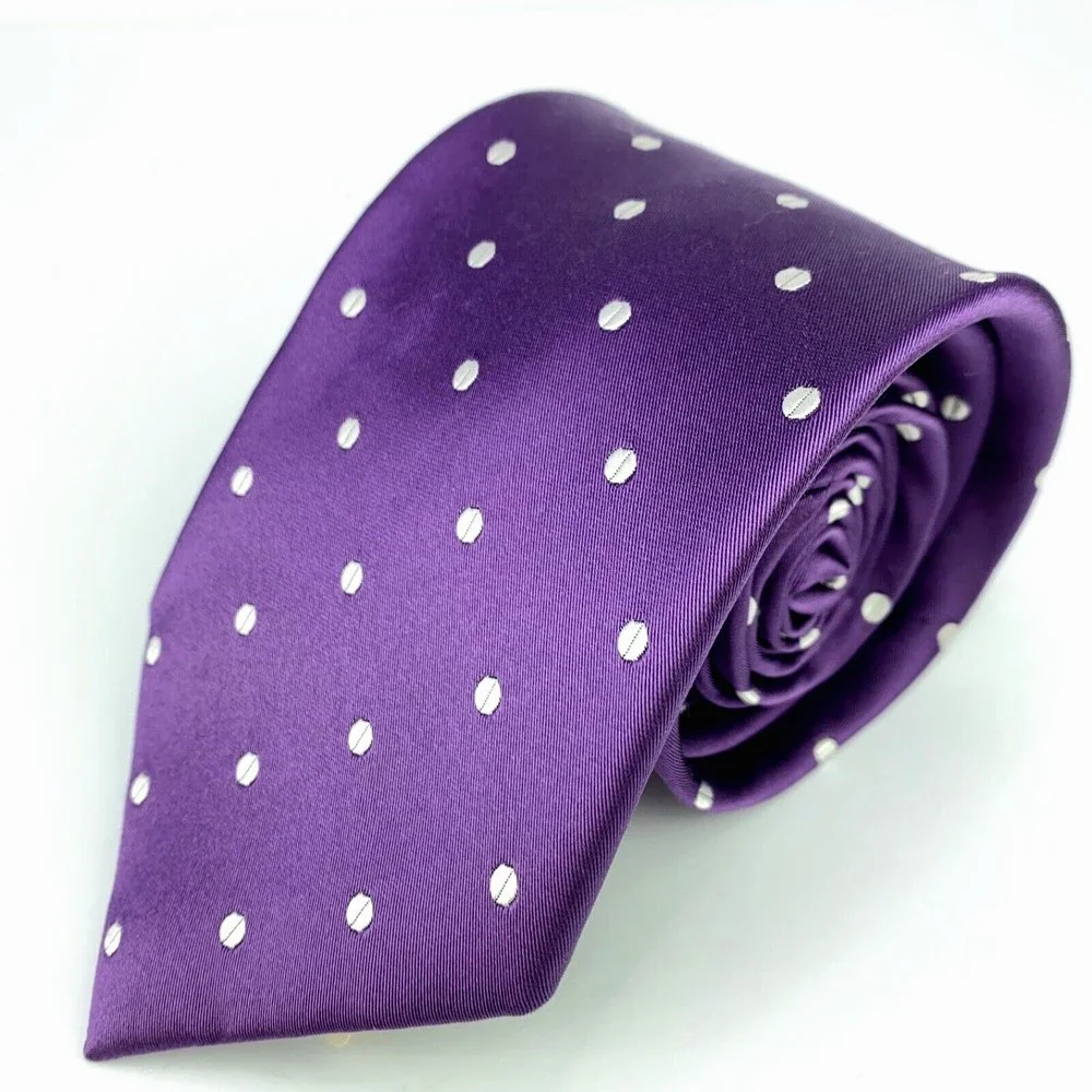 JOS A BANK Signature Collection Purple White Polka Dots Silk Hand Made Necktie
